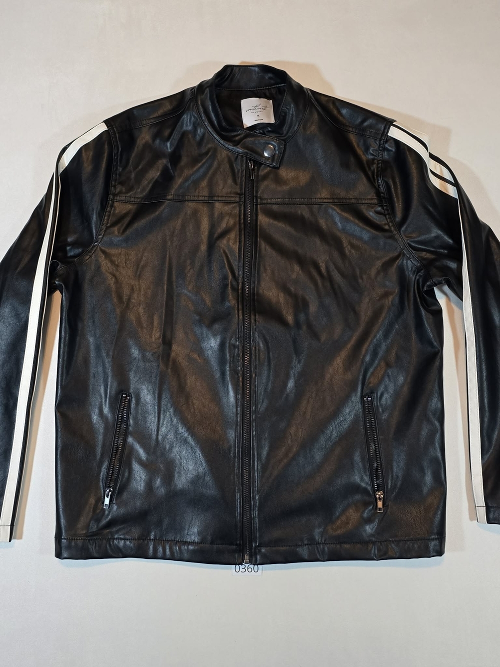 Women's Black Faux Leather Jacket with White Stripes Size 1X